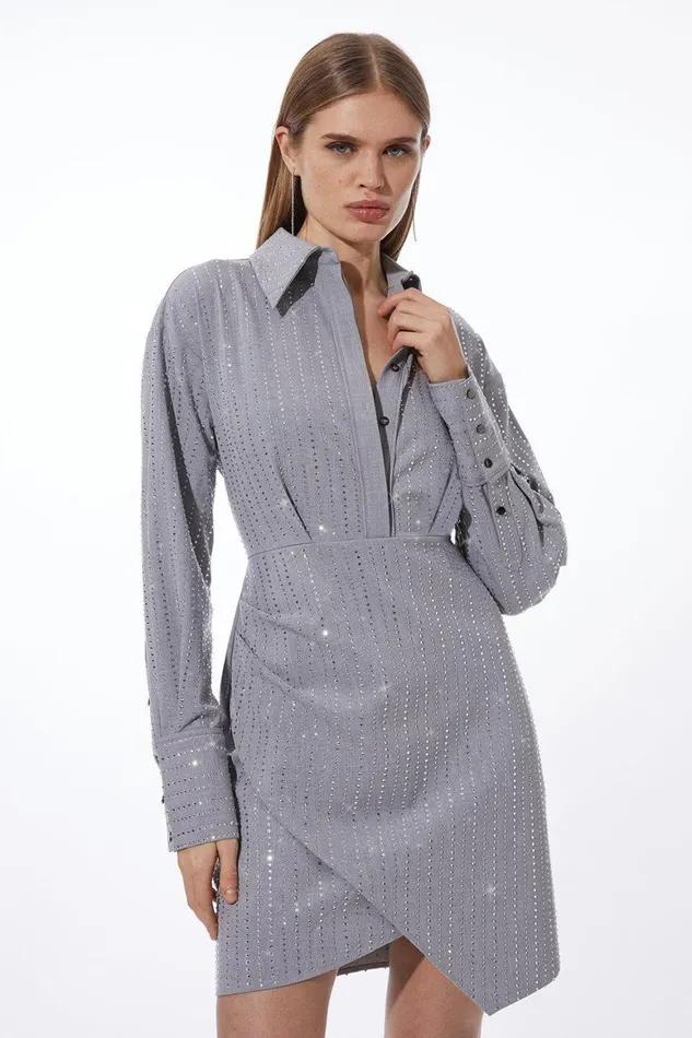 Dresses Women Karen Millen Embellished Wrap Woven Mini Shirt Dress Grey Marl