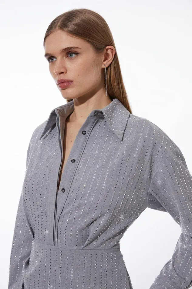 Dresses Women Karen Millen Embellished Wrap Woven Mini Shirt Dress Grey Marl