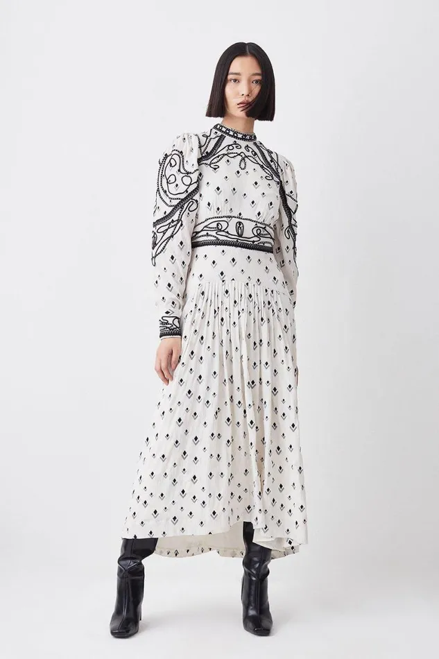 Dresses Women Karen Millen Embroidered Cornelli Tape Woven Dress Ivory
