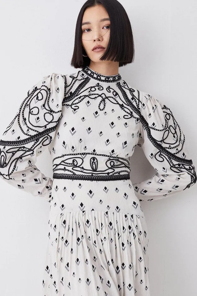 Dresses Women Karen Millen Embroidered Cornelli Tape Woven Dress Ivory