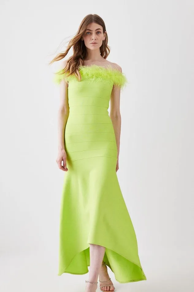 Dresses Women Karen Millen Feather Detail Bandage Bardot Maxi Dress Lime
