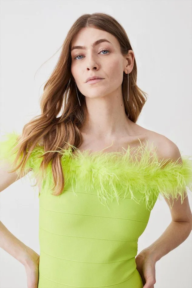 Dresses Women Karen Millen Feather Detail Bandage Bardot Maxi Dress Lime