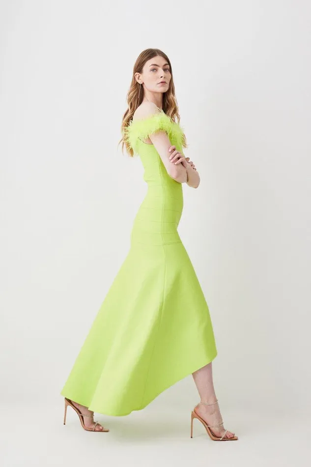 Dresses Women Karen Millen Feather Detail Bandage Bardot Maxi Dress Lime
