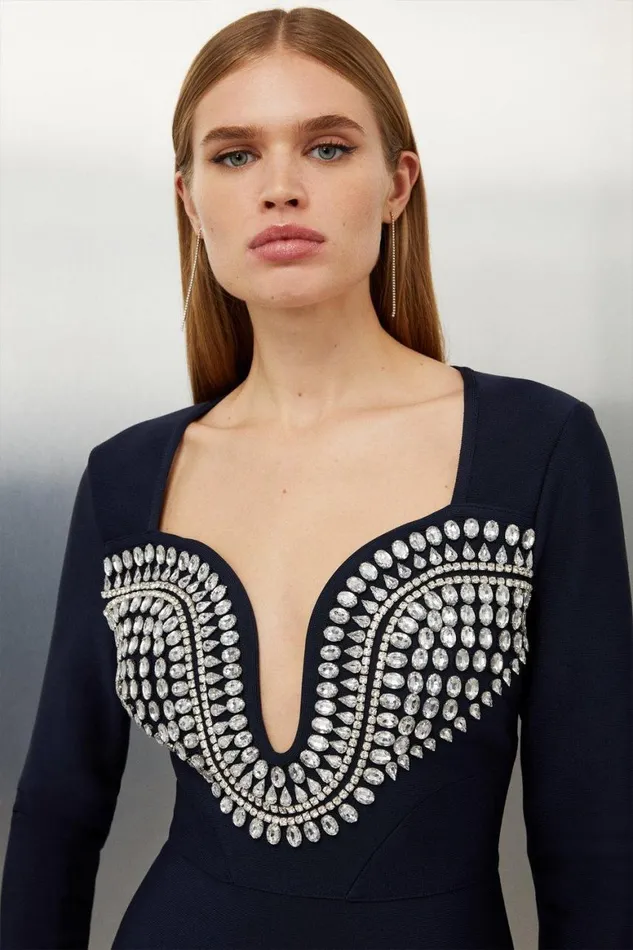 Dresses Women Karen Millen Figure Form Bandage Embellished Knit Midi Dress Navy