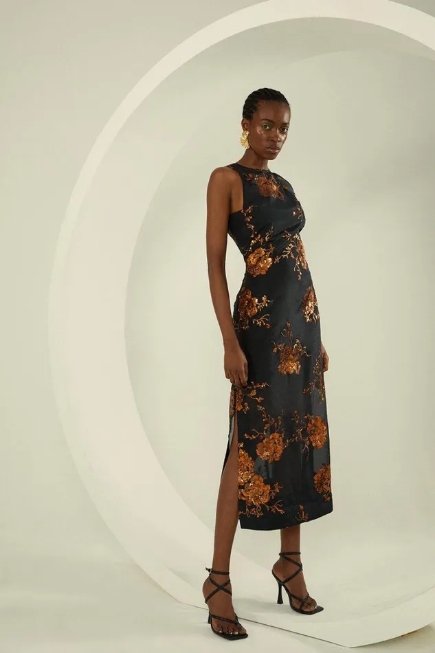 Dresses Women Karen Millen Floral Sequinned Organza Woven Midi Dress Black