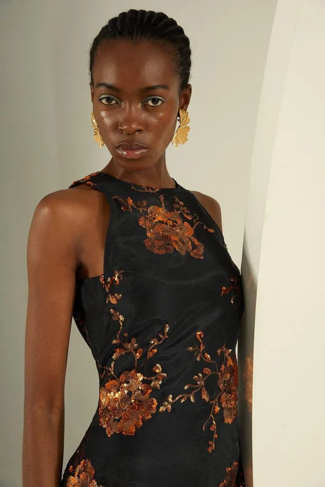 Dresses Women Karen Millen Floral Sequinned Organza Woven Midi Dress Black