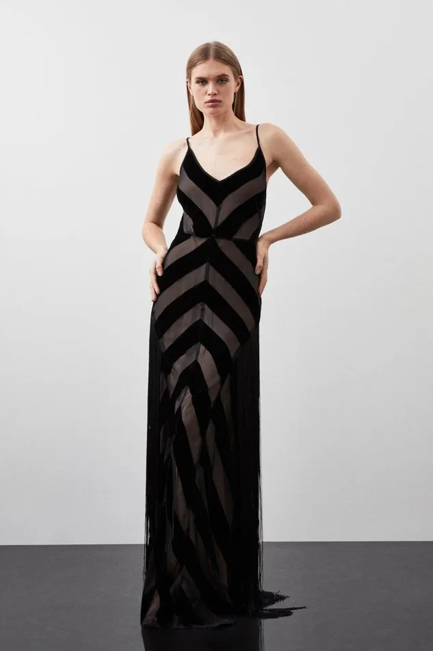 Dresses Women Karen Millen Fringed Velvet Devore Woven Maxi Dress Black