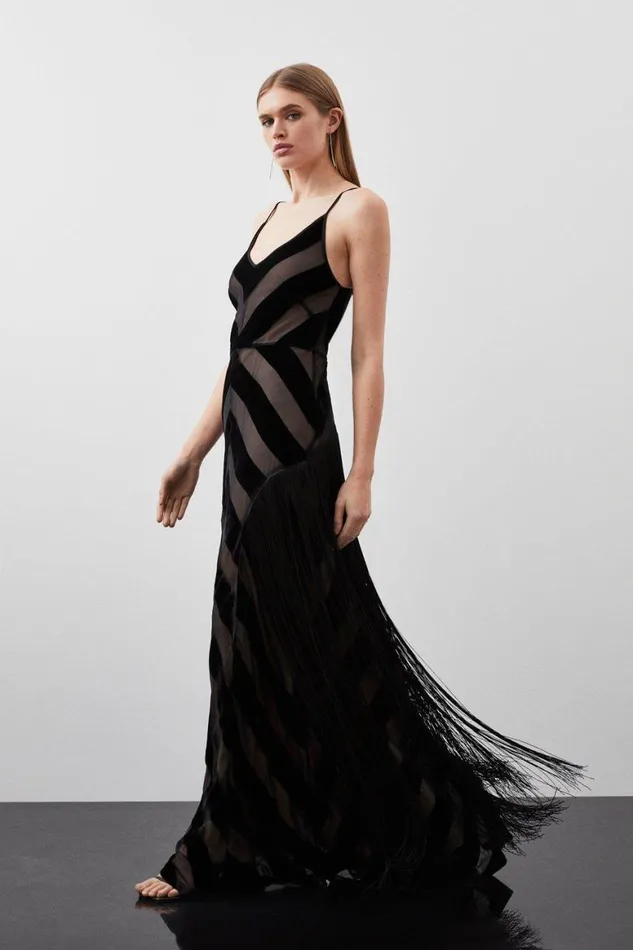 Dresses Women Karen Millen Fringed Velvet Devore Woven Maxi Dress Black