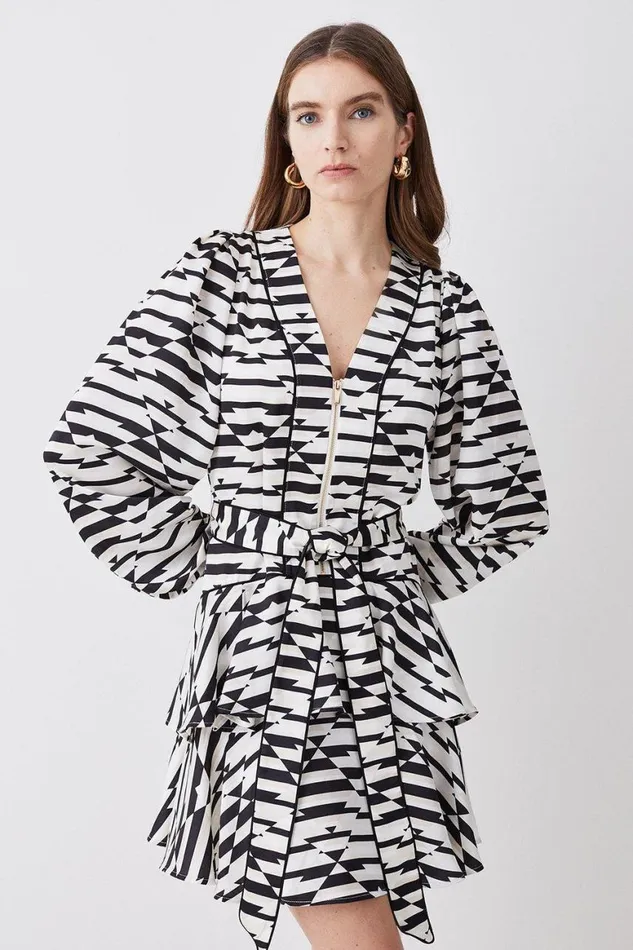 Dresses Women Karen Millen Geo Print Satin Piped Tiered Belted Mini Dress Geo