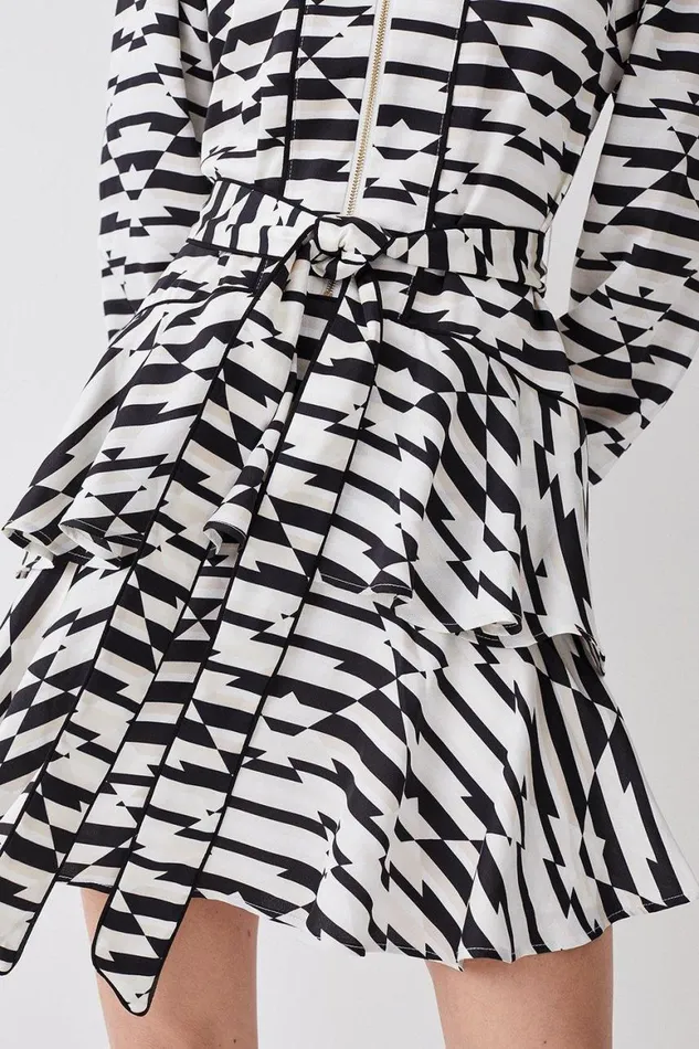 Dresses Women Karen Millen Geo Print Satin Piped Tiered Belted Mini Dress Geo