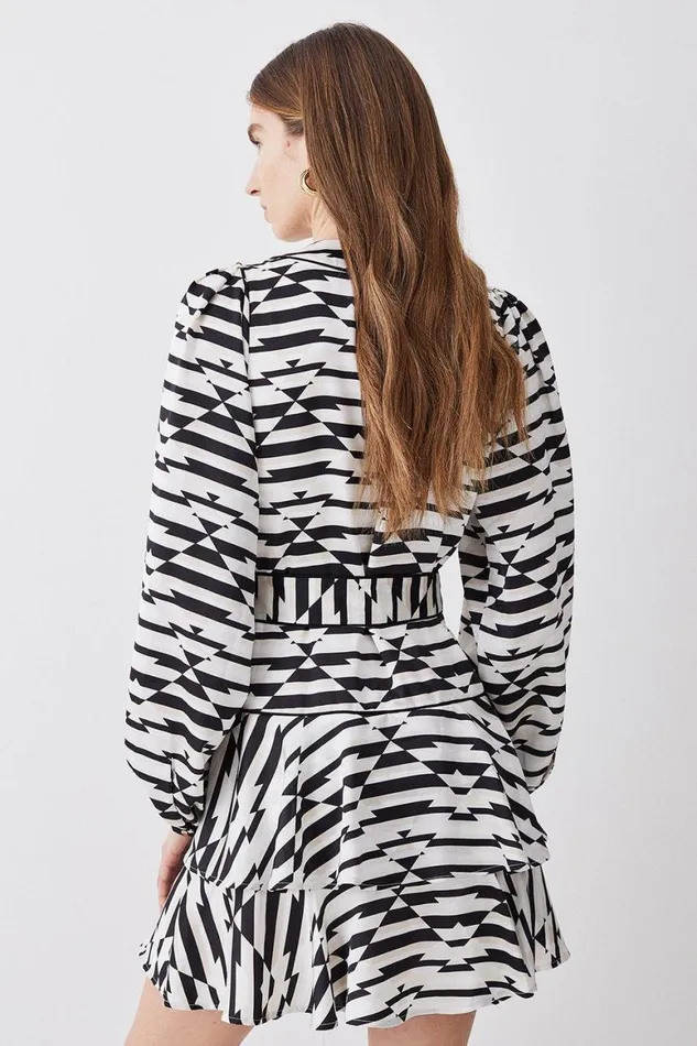 Dresses Women Karen Millen Geo Print Satin Piped Tiered Belted Mini Dress Geo