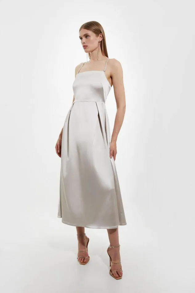 Dresses Women Karen Millen Italian Satin Tailored Full Skirt Midi Dress Oyster