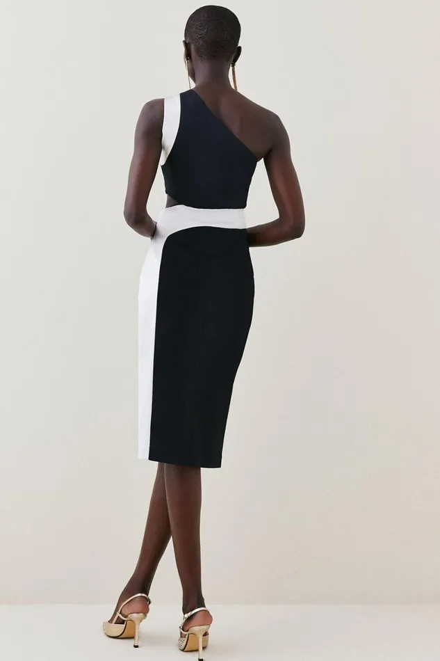 Dresses Women Karen Millen Italian Structured Satin Tailored Asymmetric Pencil Midi Dress Multi