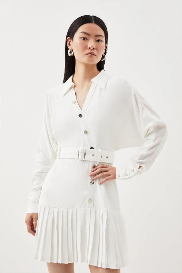 Dresses Women Karen Millen Jersey And Georgette Mix Belted Pleat Mini Dress Ivory Dresses Women Karen Millen Jersey And Georgette Mix Belted Pleat Mini Dress Ivory