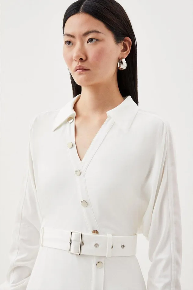 Dresses Women Karen Millen Jersey And Georgette Mix Belted Pleat Mini Dress Ivory