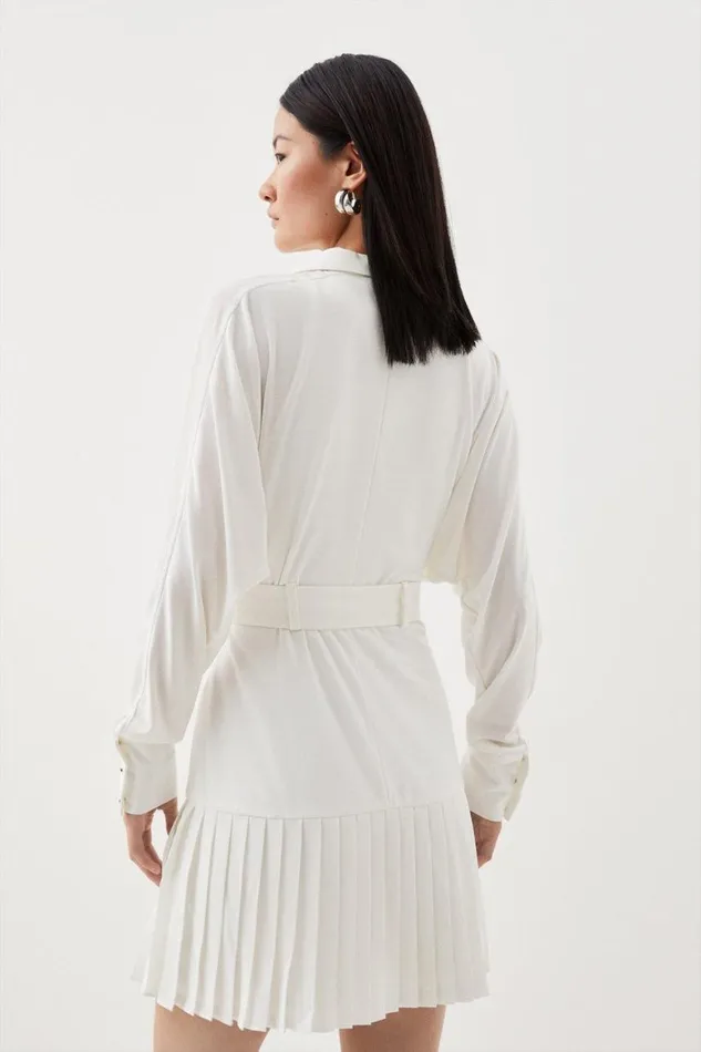 Dresses Women Karen Millen Jersey And Georgette Mix Belted Pleat Mini Dress Ivory