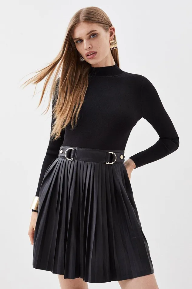 Dresses Women Karen Millen Knitted Skater Dress With Pu Detailing Black