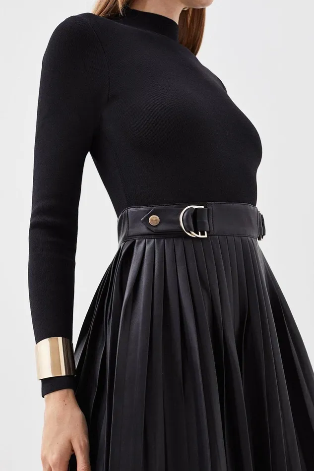 Dresses Women Karen Millen Knitted Skater Dress With Pu Detailing Black