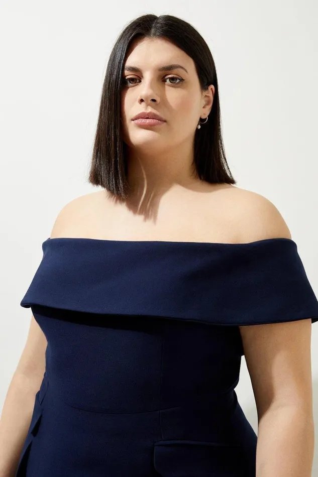 Dresses Women Karen Millen Lydia Millen Plus Size Compact Stretch Bardot Full Skirt Tailored Midaxi Dress Navy