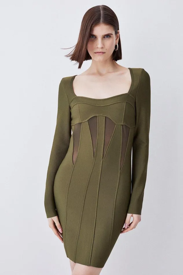 Dresses Women Karen Millen Mesh Cut Out Bandage Knit Mini Dress Olive