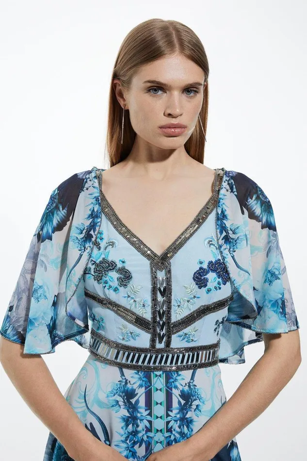 Dresses Women Karen Millen Mirrored Floral Bead And Embroidered Woven Angel Maxi Blue