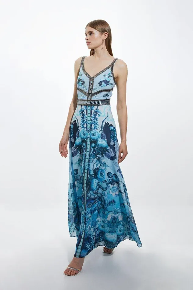 Dresses Women Karen Millen Mirrored Floral Bead And Embroidered Woven Angel Maxi Blue