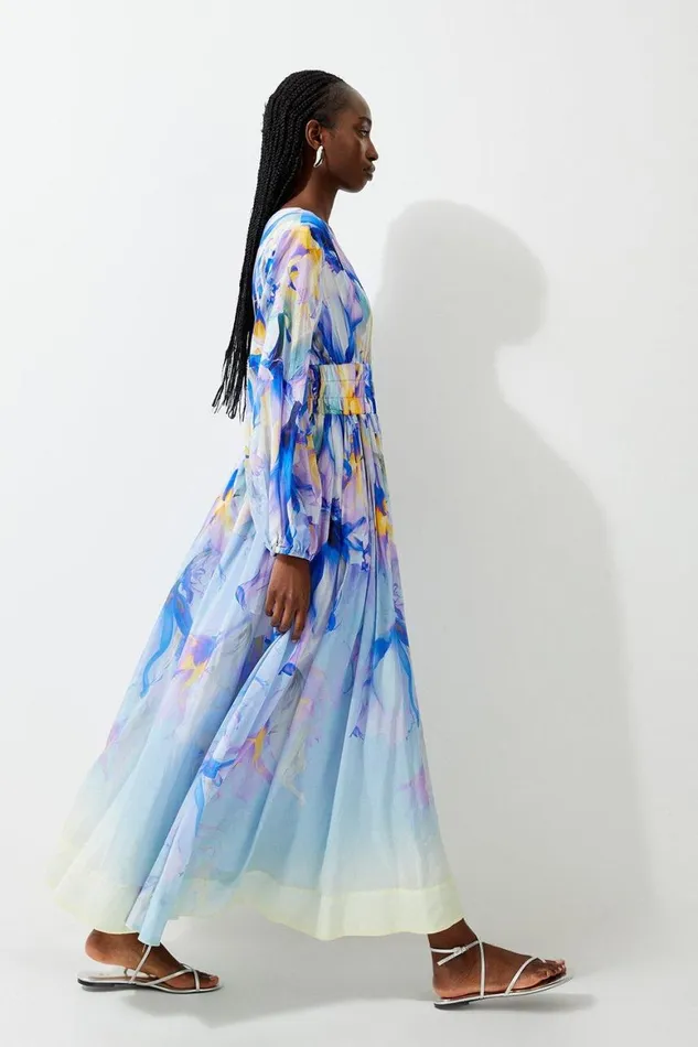 Dresses Women Karen Millen Ombre Floral Silk Cotton Plunge Maxi Dress Blue