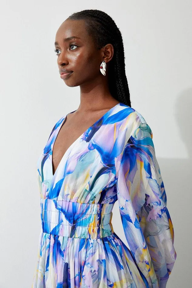 Dresses Women Karen Millen Ombre Floral Silk Cotton Plunge Maxi Dress Blue