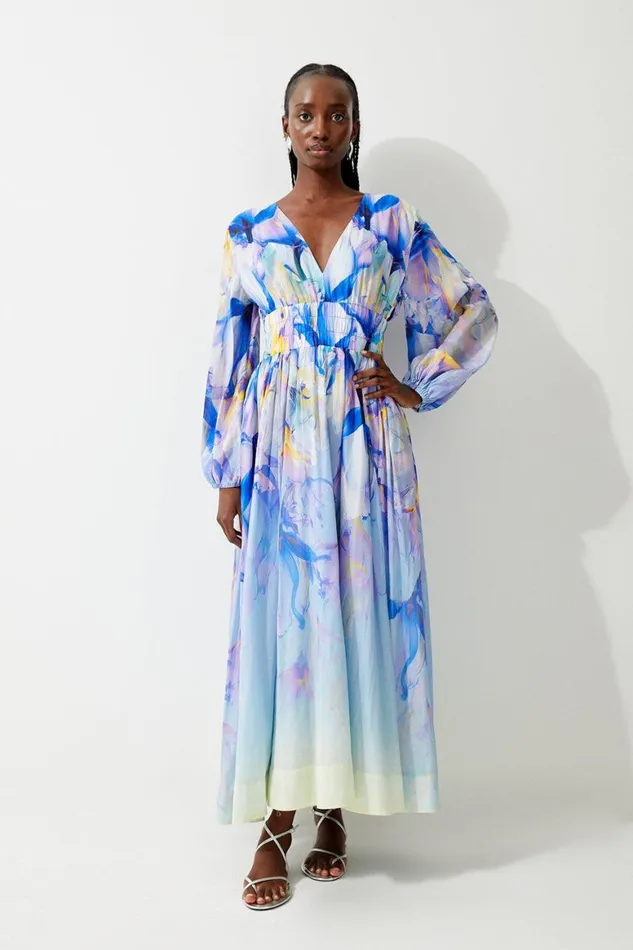 Dresses Women Karen Millen Ombre Floral Silk Cotton Plunge Maxi Dress Blue