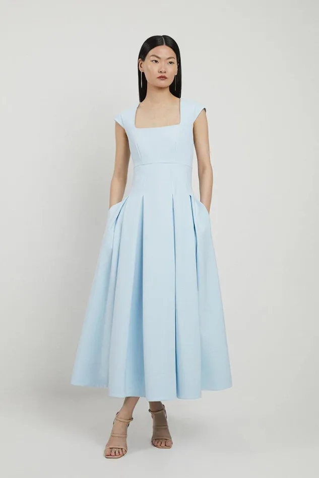 Dresses Women Karen Millen Petite Clean Tailored Square Neck Full Skirted Midi Dress Pale Blue