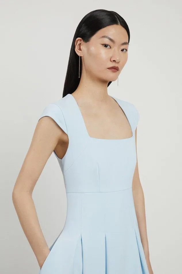 Dresses Women Karen Millen Petite Clean Tailored Square Neck Full Skirted Midi Dress Pale Blue