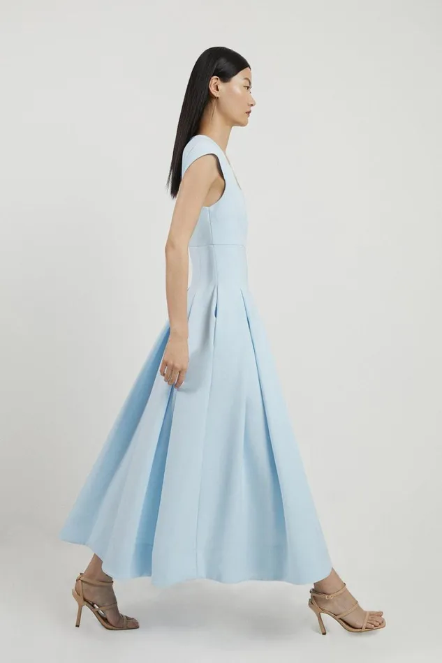 Dresses Women Karen Millen Petite Clean Tailored Square Neck Full Skirted Midi Dress Pale Blue