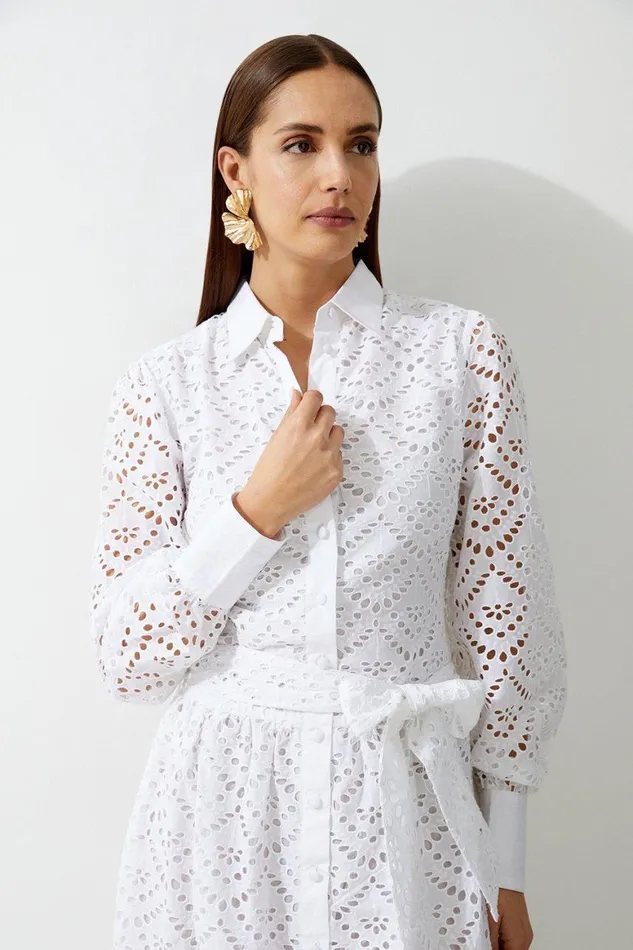 Dresses Women Karen Millen Petite Cotton Broderie Long Sleeve Woven Maxi Dress White