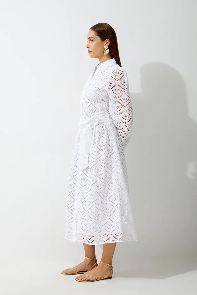 Dresses Women Karen Millen Petite Cotton Broderie Long Sleeve Woven Maxi Dress White