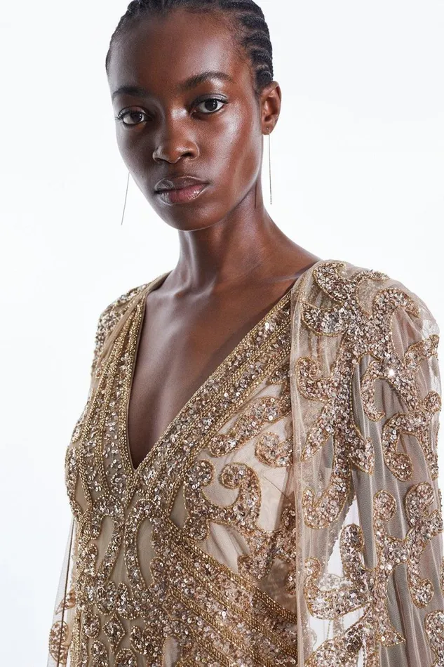 Dresses Women Karen Millen Petite Embellished Woven Maxi Dress With Cape Gold
