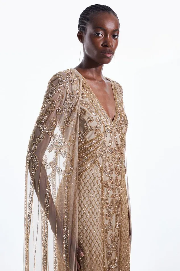 Dresses Women Karen Millen Petite Embellished Woven Maxi Dress With Cape Gold