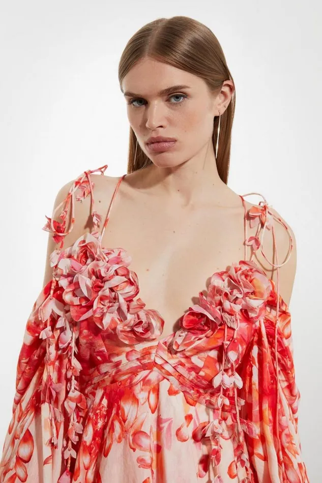 Dresses Women Karen Millen Petite Floral Applique Woven Cold Shoulder Woven Mini Dress Red