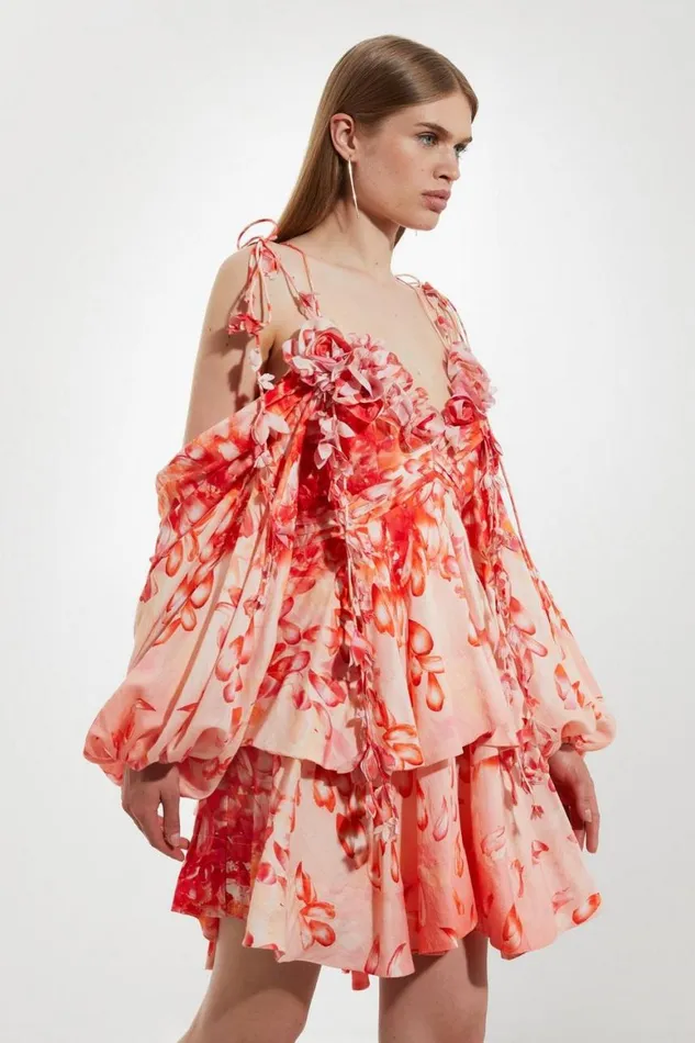 Dresses Women Karen Millen Petite Floral Applique Woven Cold Shoulder Woven Mini Dress Red
