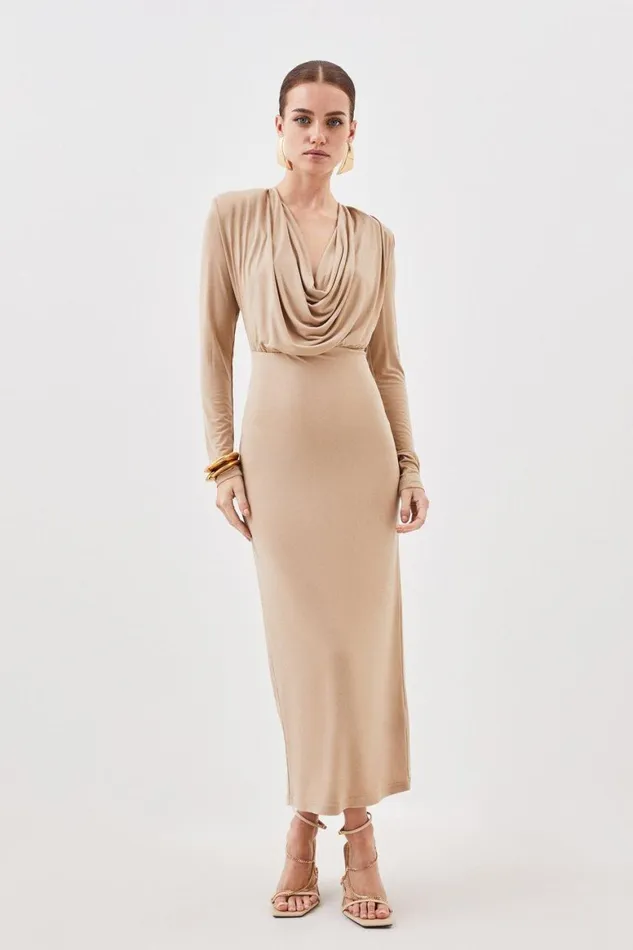 Dresses Women Karen Millen Petite Jersey Crepe Midaxi Cowl Neck Dress Tan