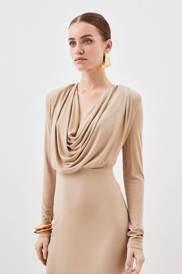 Dresses Women Karen Millen Petite Jersey Crepe Midaxi Cowl Neck Dress Tan