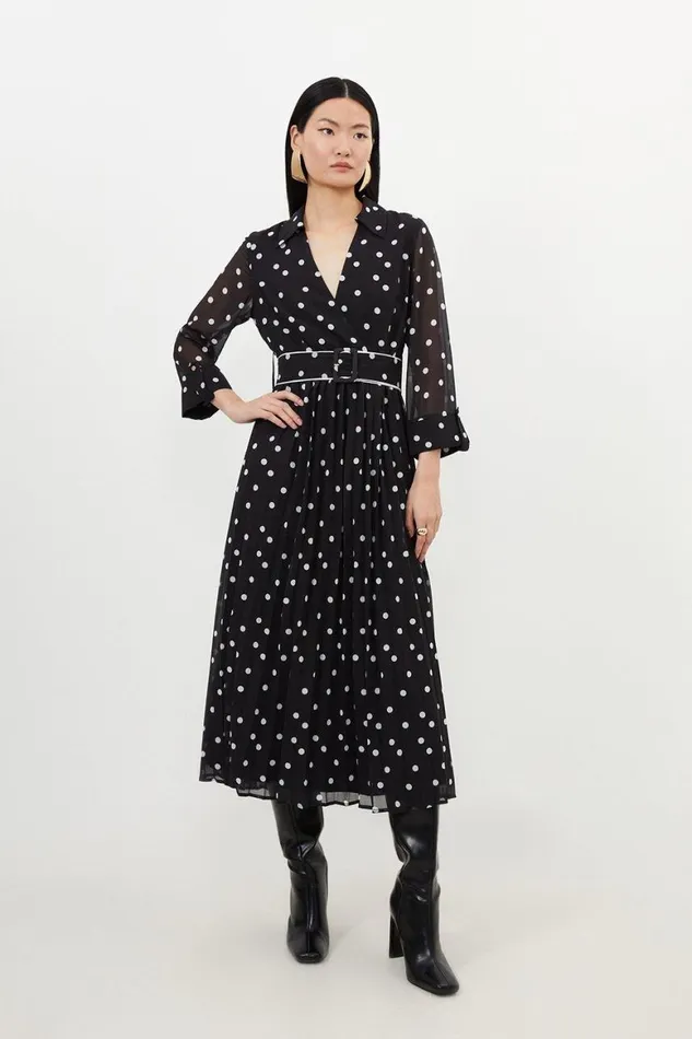 Dresses Women Karen Millen Petite Pleated Contrast Georgette Spot Woven Midi Dress Black