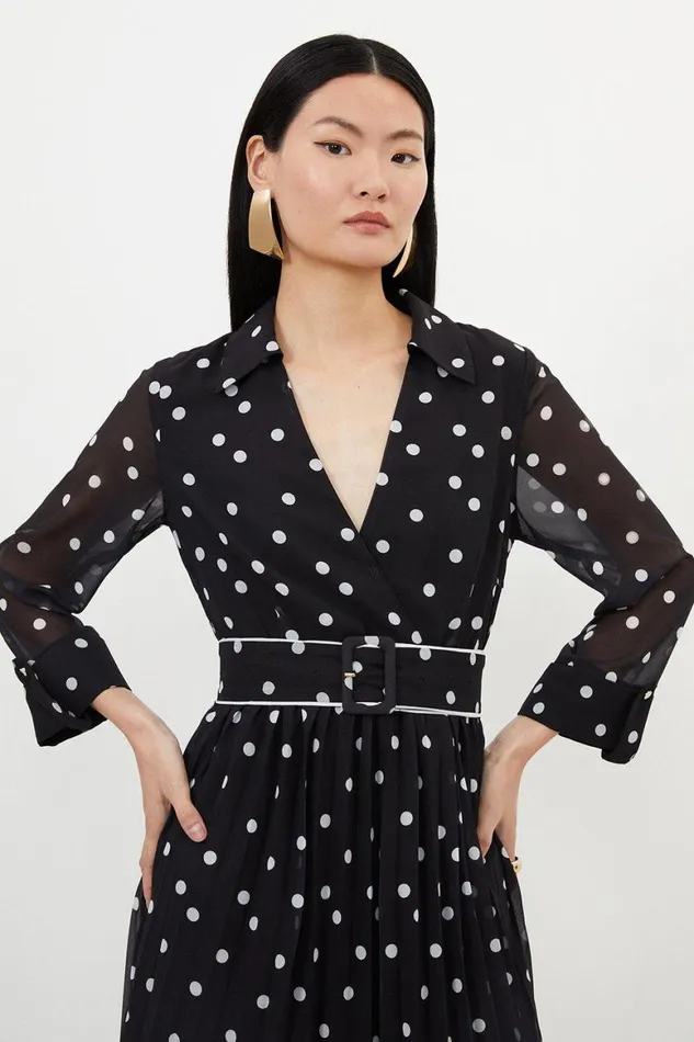 Dresses Women Karen Millen Petite Pleated Contrast Georgette Spot Woven Midi Dress Black