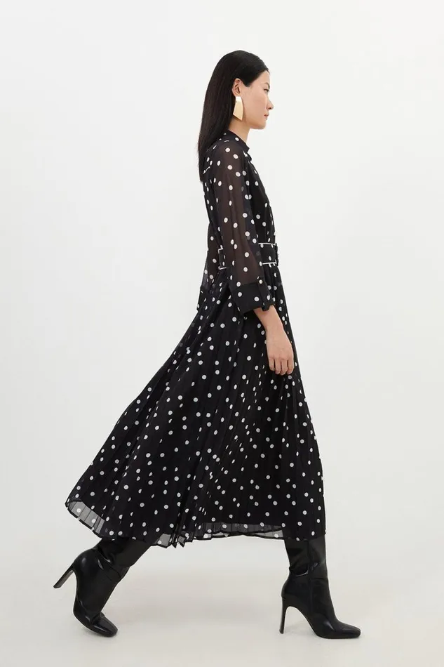 Dresses Women Karen Millen Petite Pleated Contrast Georgette Spot Woven Midi Dress Black