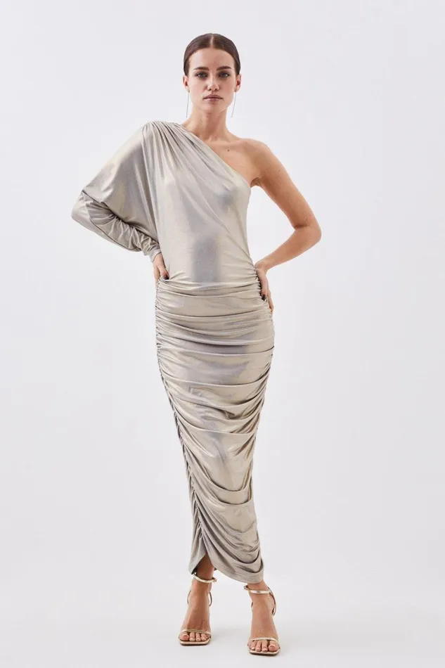 Dresses Women Karen Millen Petite Premium Jersey Metallic Midi Dress Gold