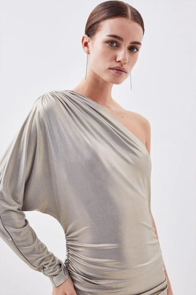 Dresses Women Karen Millen Petite Premium Jersey Metallic Midi Dress Gold