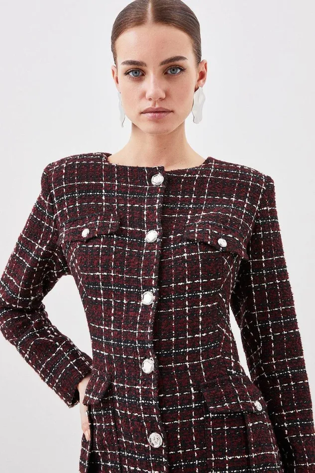 Dresses Women Karen Millen Petite Tailored Boucle Pocket Detail Long Sleeve Midi Dress Merlot