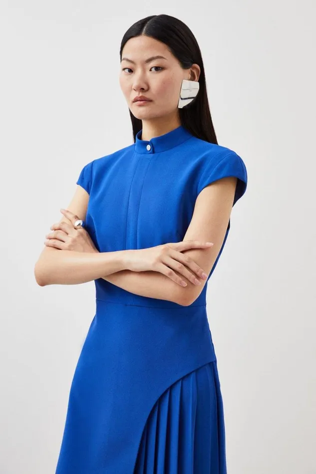 Dresses Women Karen Millen Petite Tailored Crepe High Neck Side Pleat Detail Midi Dress Cobalt
