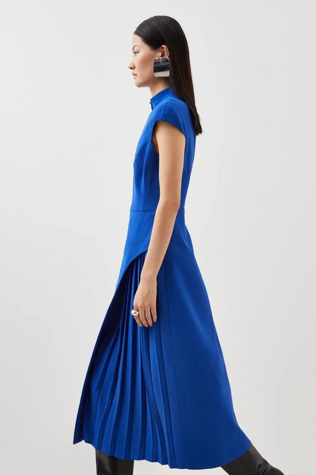 Dresses Women Karen Millen Petite Tailored Crepe High Neck Side Pleat Detail Midi Dress Cobalt