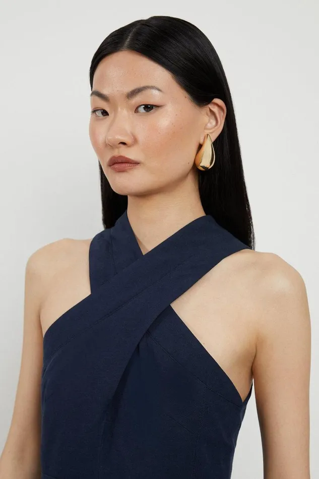 Dresses Women Karen Millen Petite Tailored Linen Halterneck Full Skirted Midi Dress Navy