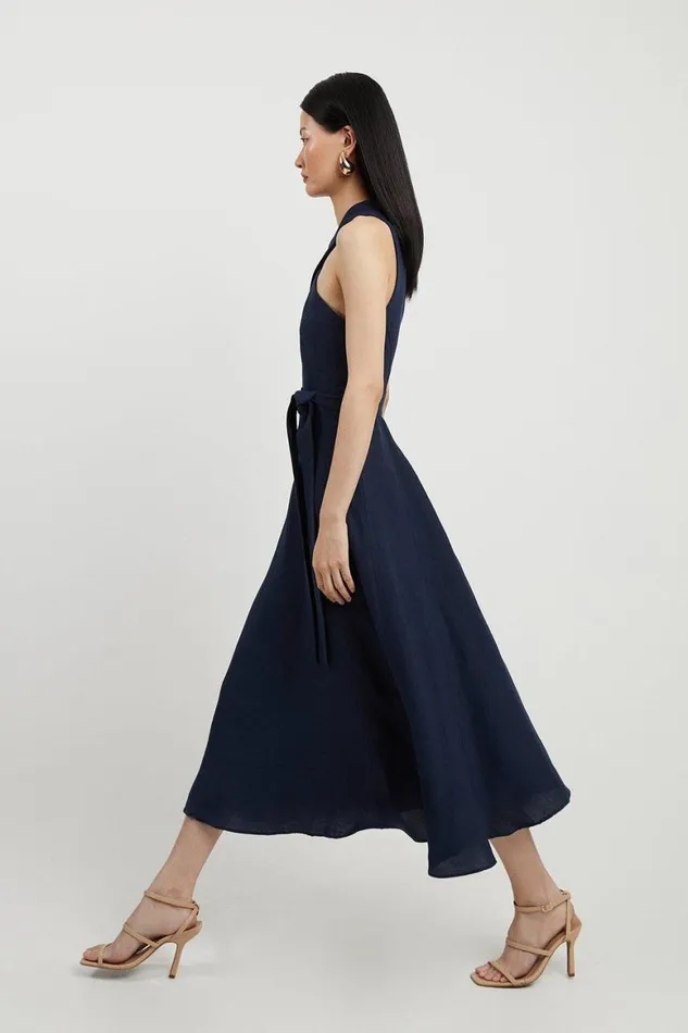 Dresses Women Karen Millen Petite Tailored Linen Halterneck Full Skirted Midi Dress Navy